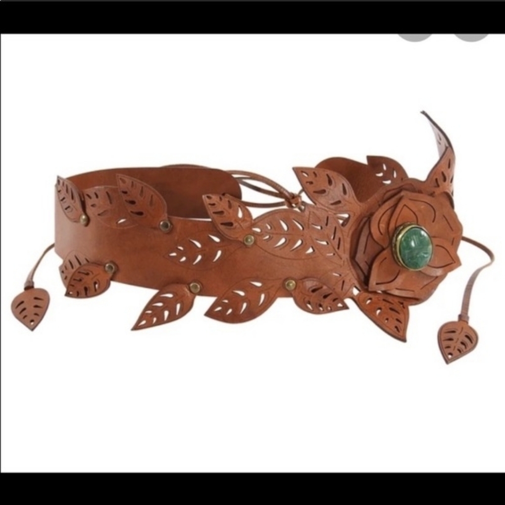 Valentino Wide Brown Perforated Leather Belt with Green Scarab - M / L In GUC
